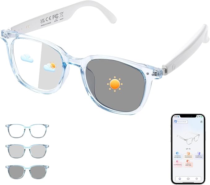 Bluetooth Smart Glasses for Women, AI Translation Glasses Supports 165+ Languages, Build in Mic Speakers, Color Change Lenses Transparent Frame with Polarized UV Protection for Travel Business-Blue