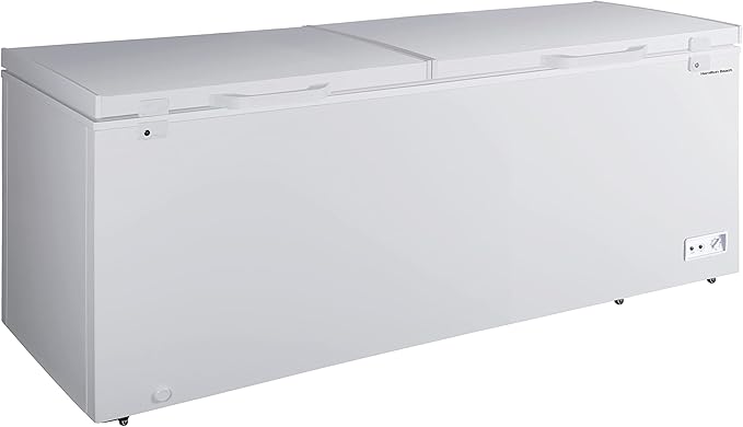 Hamilton Beach 30 Cu. Ft. Garage Ready Chest Freezer, White Deep Freezer, Adjustable Thermostat, Easy Defrost Drain, Double Door Lid, for Storage, Hunting, Large Family - 29"D x 79"W x 38"H
