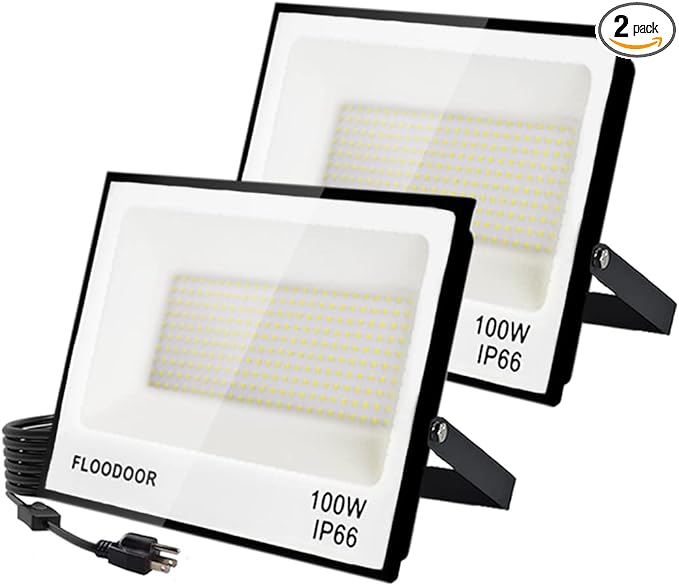 100W LED Flood Lights Outdoor, 10000LM Super Bright Flood Light with Plug, IP66 Waterproof Safety Work Lights for Yard, Garden, Playground, Basketball Court (2 Pack)