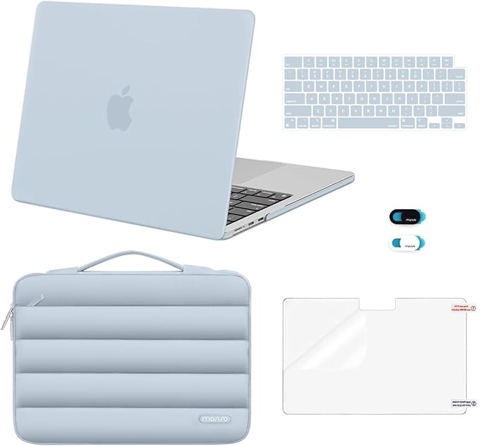 MOSISO Compatible with MacBook Air 13 inch Case M5 2026 M4 2025 M3 M2 2024-2022 A3449 A3240 A3113 A2681, Hard Case&Puffy Bag&Keyboard Cover&Webcam Cover&ScreenFilm for MacBook Air 13.6, Baby Blue