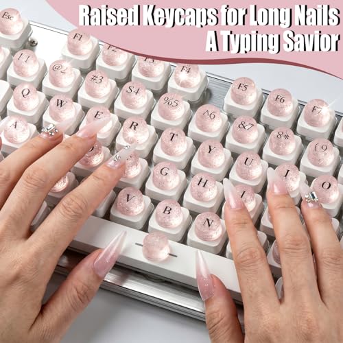 128Pcs Raised Keyboard Stickers for Long Nails, Bling Keyboard Bubbles with Letters, Self-Adhesive Nail Art Typing Keycaps for Desktop Laptop PC Wired Wireless Keyboard (Pink)