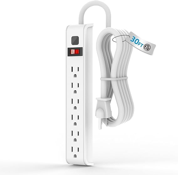 TiFFCOFiO Surge Protector Power Strip, 30 Feet Extension Cord, 600 Joules Surge Protection, Multiple Protection 6 Outlet Strip, 14 AWG Cord, 15A/1875W, ETL Listed