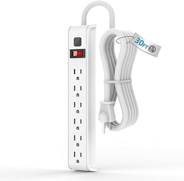 TiFFCOFiO Surge Protector Power Strip, 30 Feet Extension Cord, 600 Joules Surge Protection, Multiple Protection 6 Outlet Strip, 14 AWG Cord, 15A/1875W, ETL Listed