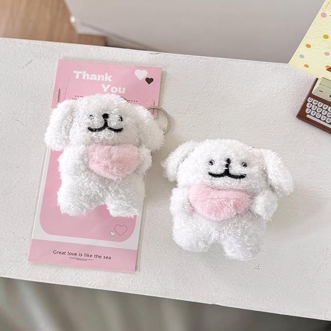 SGVAHY Furry Case for AirPods 4, Funny Cute 3D Cartoon Plush Design White Puppy Apron Bear Soft Warm Fluffy Cover Keychain Anti-Fall Protective Case Women Girls