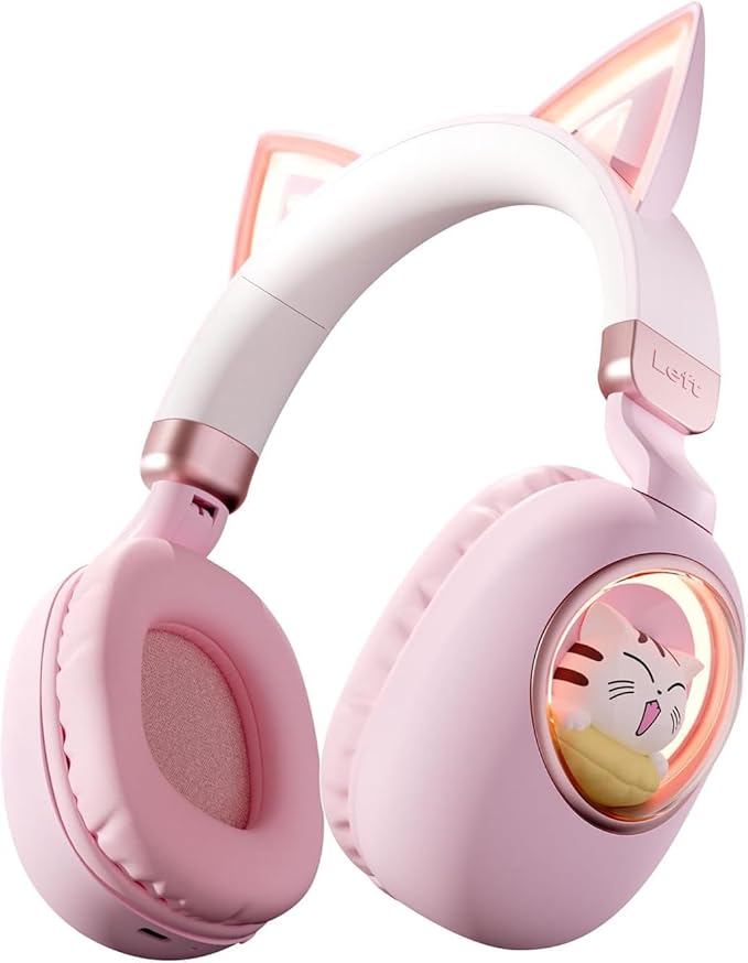 Cat Ear Headset, Kids Headphone Volume Limited 85dB, Wireless Bluetooth Over-Ear/On-Ear Foldable Headphone with Built-in Mic for Girls in Travel School with Phone Tablet Laptop PC PS4, Xbox