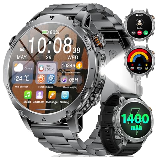 LIGE Military Smart Watch for Men, 1400mAh 60-Days Battery, 1.85" HD Smartwatch with LED Flashlight, 100+ Sports Mode, IP68 Waterproof, Pedometer, Fitness Watch for Android iOS - Image 2