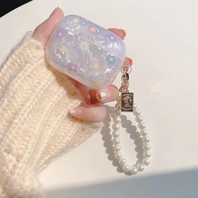 for Cute Glitter Airpods Pro/Pro 2 Gen Case with Cleaner Pen, Shell Pattern iPod Pro 2nd/1st Generation Cover Protective Skin Girl Women with Luxury Pearl Keychain 2023/2022/2019 - Flower