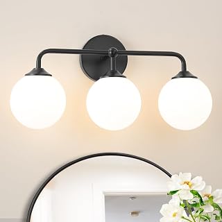 Black Bathroom 3-Lights Vanity Light Fixtures, Minimalist Vanity Lights with Milky White Glass Shade, Modern Wall Sconces over Mirror, Wall Lamp for Bathroom Dressing Table Bedroom Living Room - Image 1