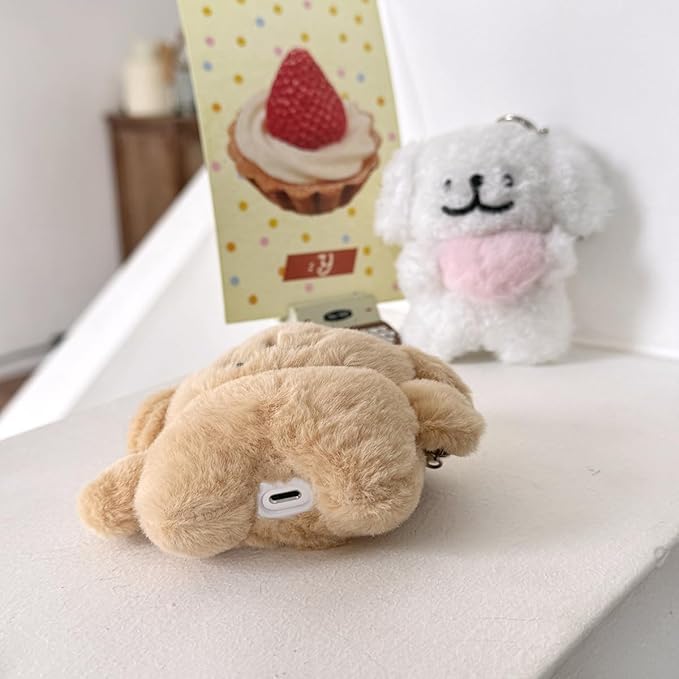 SGVAHY Furry Case for AirPods Pro 2nd/1st Generation Funny Cute 3D Cartoon Plush Design Puppy Apron Dog Soft Warm Fluffy Cover for Airpods 2 Keychain Anti-Fall Protective Women Girls