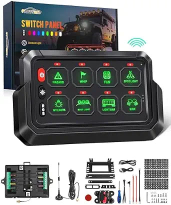 Partsam 265 Ft Wireless RGB 8 Gang Switch Panel Universal Circuit Control Relay System Box Toggle Momentary Strobe Switch Pod w/3 Silicone Button 5 Brightness Levels for Offroad Truck RV ATV UTV Boat