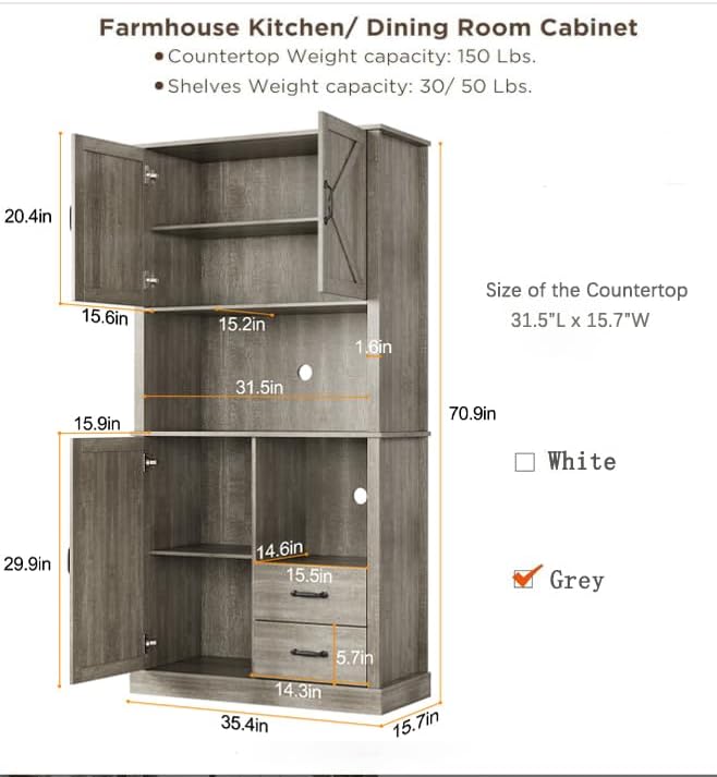 GarveeHome Modern Kitchen Pantry Cabinet with Microwave Stand, Tall Hutch Bar Cabinet with Drawers & Adjustable Shelves, Large Wood Storage for Dining Room, Living Room, Rustic Grey