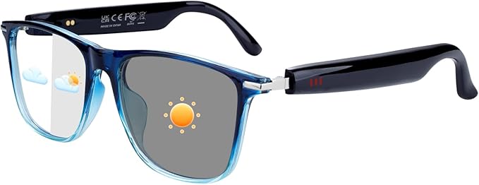 Smart Bluetooth Glasses for Men & Women, Voice Assistant & IPX5 Waterproof, Photochromic Smart Glasses with Speakers, Hand-Free Call & Music, Bluetooth Sunglasses for Travel, Working & Driving(Blue)