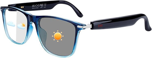 Smart Bluetooth Glasses for Men & Women, Voice Assistant & IPX5 Waterproof, Photochromic Smart Glasses with Speakers, Hand-Free Call & Music, Bluetooth Sunglasses for Travel, Working & Driving(Blue)