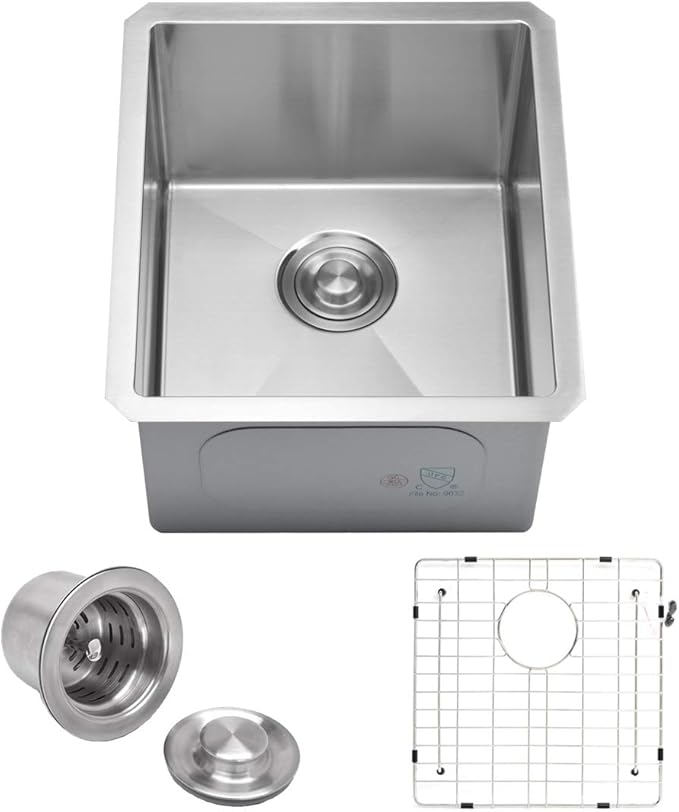VADANIA 16-Inch Bar Prep Sink, 16"x18"x10", Single Bowl, Undermount, 18 Gauge T304 Stainless Steel, Satin Finish, with Strainer & Bottom Grid, cUPC listed