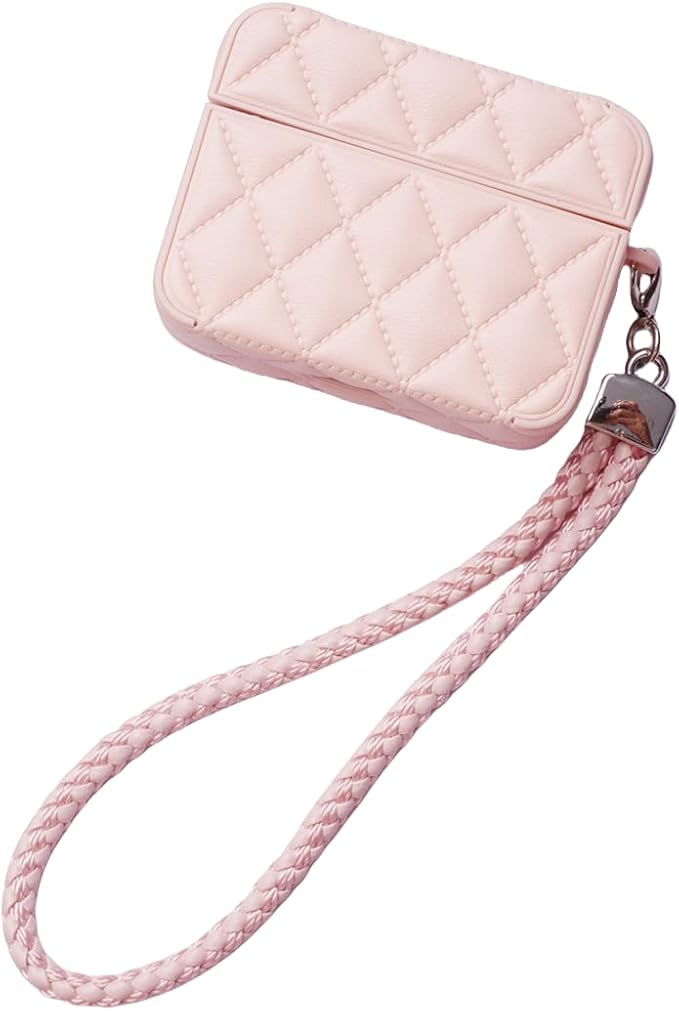 Earphone Case for AirPods 4, Elegant Classical Diamond PU Leather Surface Earphone Case Soft Silicone Case, AirPods 4 Cover Protective Case Skin Protector for Earbuds +Lanyard-Pink