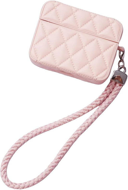 Earphone Case for AirPods 4, Elegant Classical Diamond PU Leather Surface Earphone Case Soft Silicone Case, AirPods 4 Cover Protective Case Skin Protector for Earbuds +Lanyard-Pink