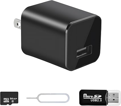 Charger Camera, 1080P Camera with Motion Detection with 64GB Micro SD Card Included for Home, Window, Indoor and Security (No WiFi)