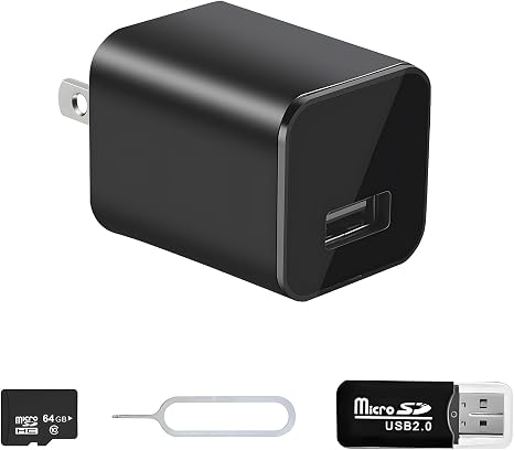 Charger Camera, 1080P Camera with Motion Detection with 64GB Micro SD Card Included for Home, Window, Indoor and Security (No WiFi)