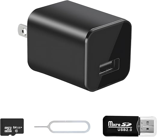 Charger Camera, 1080P Camera with Motion Detection with 64GB Micro SD Card Included for Home, Window, Indoor and Security (No WiFi)