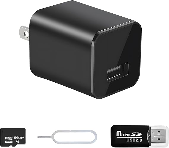 Charger Camera, 1080P Camera with Motion Detection with 64GB Micro SD Card Included for Home, Window, Indoor and Security (No WiFi)