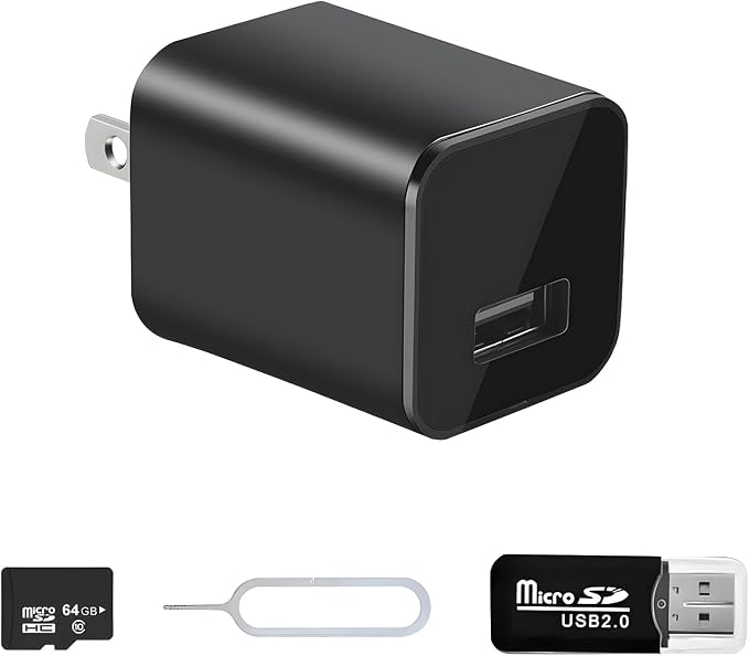 Charger Camera, 1080P Camera with Motion Detection with 64GB Micro SD Card Included for Home, Window, Indoor and Security (No WiFi)