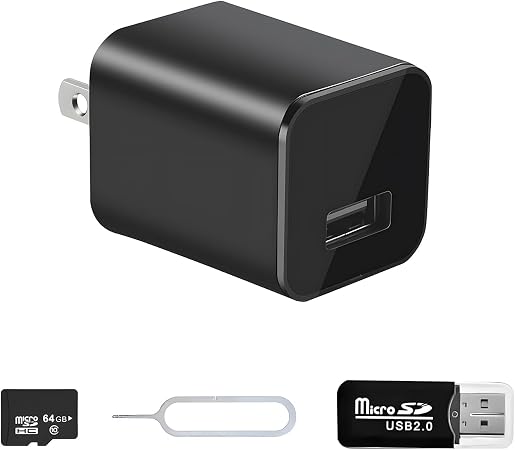 Charger Camera, 1080P Camera with Motion Detection with 64GB Micro SD Card Included for Home, Window, Indoor and Security (No WiFi)
