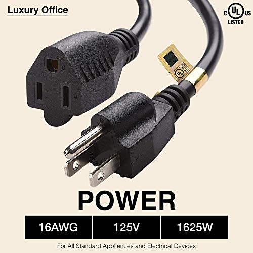 Short Extension Cord 1 Ft 12 Inches, 16AWG 3 Prong Male to Female Outlet Saver- Short Indoor and Outdoor Extension Cord- Power Extension Cord Black- Small Heavy Duty Extension Cable- Luxury Office