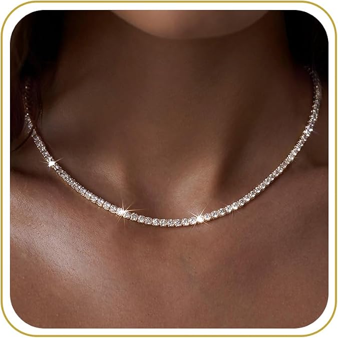 Tewiky Choker Necklaces for Women 14k Gold Plated Tennis Necklace