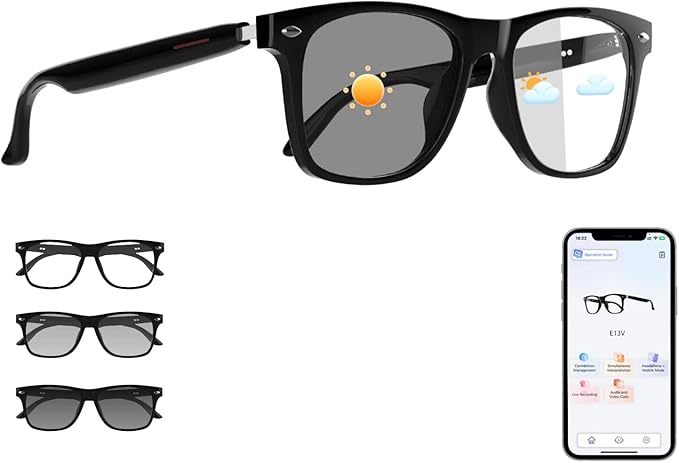 Smart Translation Glasses, Photochromic Lenses, Open-Ear Audio Design, Support 160+ Languages, Simultaneous Interpretation via APP, Bluetooth Glasses for Meeting, Traveling, Business(Black)