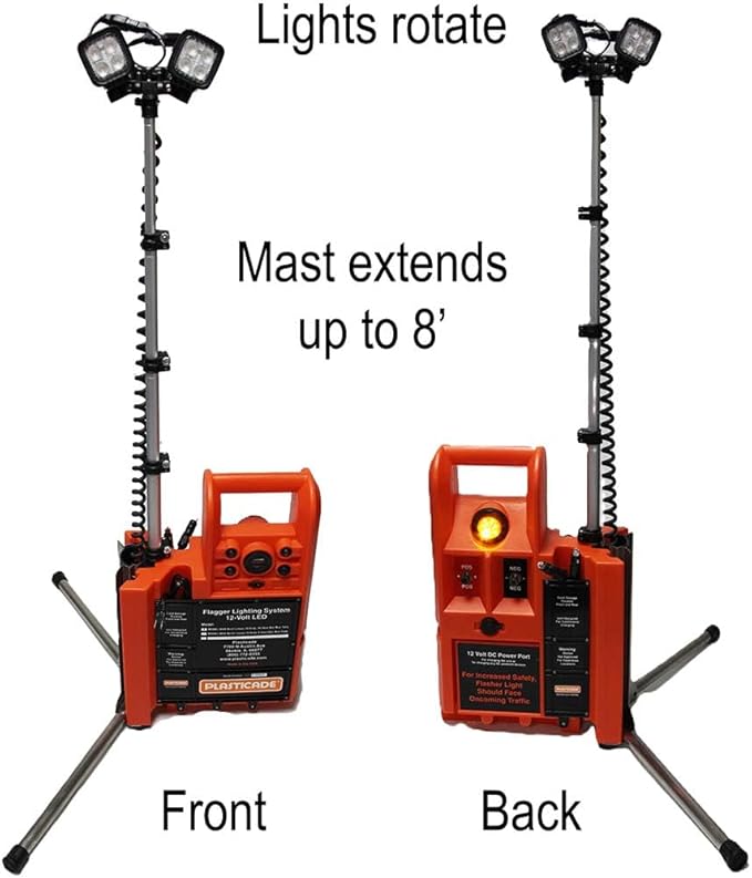 Plasticade Flagger Lighting Station & Work Area Light, 4,000 Lumens, Portable, Waterproof Case, Adjustable Heads, 8-Foot Light Elevation, Temporary Construction in Any Weather