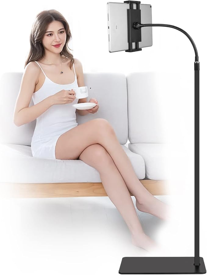 Tablet Floor Stand with Double Weight Base 360-degree Rotatable Metal Tablet Holder with Flexible Gooseneck Holder Long Arm for iPad Mini Air Pro, All Cell Phones iPhone & Tablets (4.5-12.9-inch)