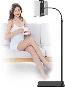 Tablet Floor Stand with Double Weight Base 360-degree Rotatable Metal Tablet Holder with Flexible Gooseneck Holder Long Arm for iPad Mini Air Pro, All Cell Phones iPhone & Tablets (4.5-12.9-inch)