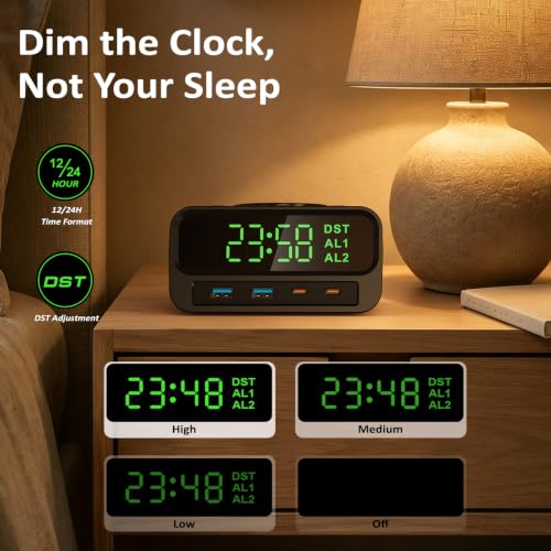 XBA Digital Alarm Clock with 15W Magsafe Wireless Charging for Bedroom