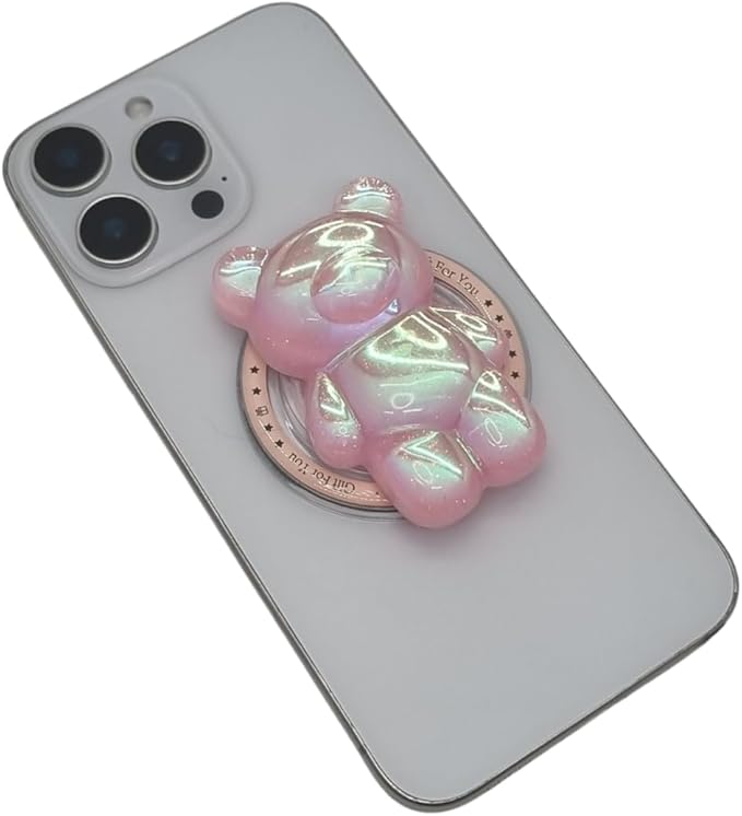 Cute Kawaii 3D Bear Phone Grip Stand, Iridescent Holographic Resin Cell Phone Holder & Kickstand, Compatible with iPhone, Samsung Galaxy, Android (Candy Pink)