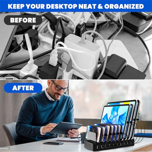 Charging Station for Multiple Devices, 100W 10 Ports Charging Dock with 10 Cables Smart IC Tech and Adjustable Dividers Type-C，Multi USB Charger for iPhone Galaxy iPad Tablet，Black