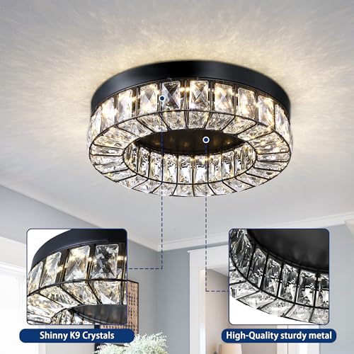 MEXO Crystal LED Flush Mount Ceiling Light Fixtures Modern Black LED Chandelier Lighting for Kitchen Closet Hallway Bedroom Foyer Laundry Room