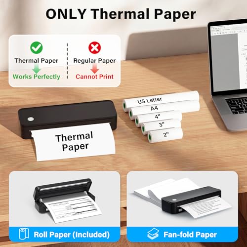 Gloryang Inkless Portable Printer for Travel, Wireless Thermal Printer Supports 8.5 x 11 Inch Thermal Paper, Bluetooth Machine Includes Carry Case and 3 Rolls of Paper Kit, Black
