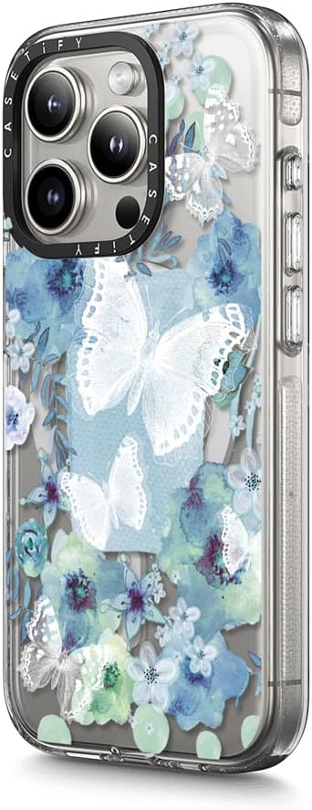 CASETiFY Clear iPhone 15 Pro Case [Not Yellowing / 6.6 ft. 3X Military Grade Drop Protection/Compatible with Magsafe] - My Blue Butterfly Garden - Clear