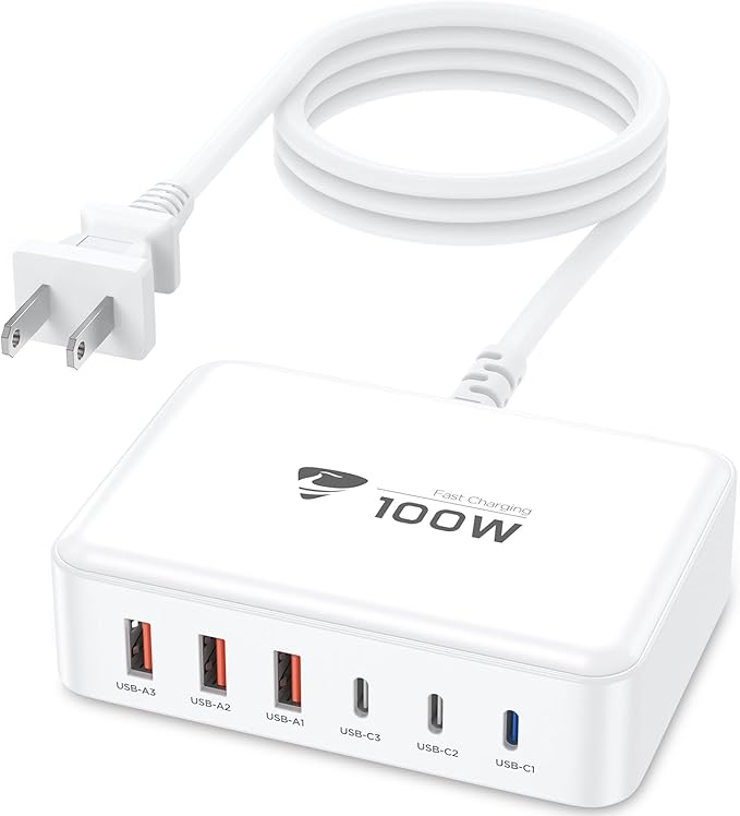 USB C Fast Charger, 100W GaN 6 Port USB C Fast Charging Station Hub Block Cube, QC USB A and PD USB C Wall Charger Power Multiple USB Charger Plug for iPhone 17 16 15 14 13 12 Pro Max, iPad, Samsung