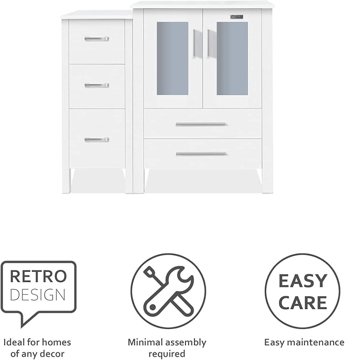 eclife 36" Modern Bathroom Vanity Sink Combo Freestanding Cabinet with Small Side Cabinet, Blue Boat Glass Vessel Sink, Water Save Faucet, Drain (White+A29BU)