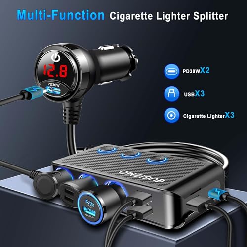 EUGIZMO 8 in 1 Cigarette Lighter Adapter,3 Socket Car Charger Plug Splitter