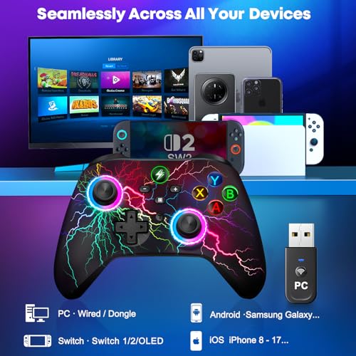 Svetaecho Wireless PC Controller with Hall Effect Triggers - Multi-Platform Gaming Controller for Switch 2/Steam/iOS/Android, RGB Lighting, Ergonomic Grip& Display Stand