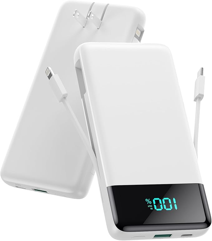 Portable Charger for iPhone with Built-in Cables and Wall Plug,Upgraded 13800mAh Fast Charging USB C Power Bank,4 Outputs Slim Travel Essential Battery Pack for iPhone 17/16/15/14/13,Galaxy,-White