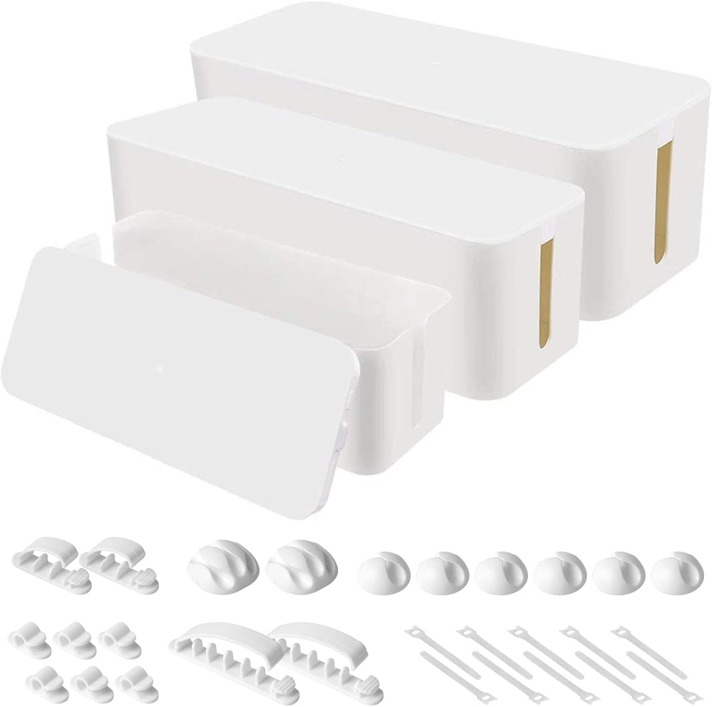 Cable Management Box Set of 3 — Power Strip Organizer with Cable Clips, White