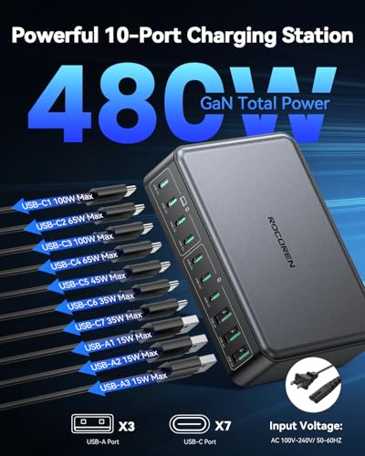 Rocoren 480W GaN 10‑Port Charging Station, PD 100W F | Charging & Powe - Image 3