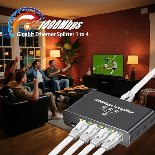 Gigabit Ethernet Splitter 1 to 4 - 1000Mbps RJ45 Port Router Switch with USB-C Power, Plug & Play 1-in-4-Out LAN Adapter for Cat5/5e/6/7/8 Cables, High Speed Network Switch for Desktop Printer Camera
