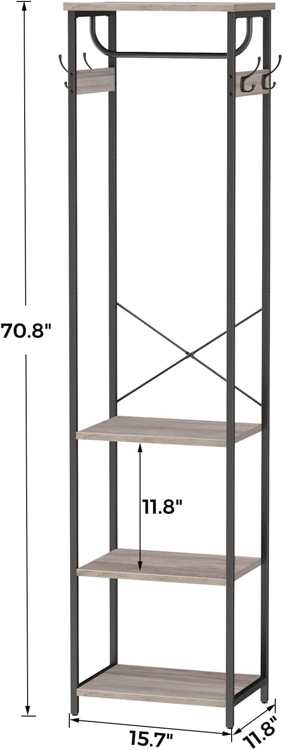 Coat Rack With Hanging Rod, Garment Rack With 3 Wooden Shelves and 4 Hooks, Freestanding Hall Tree, Industrial Clothes Rack Stand Organizer, Greige and Black
