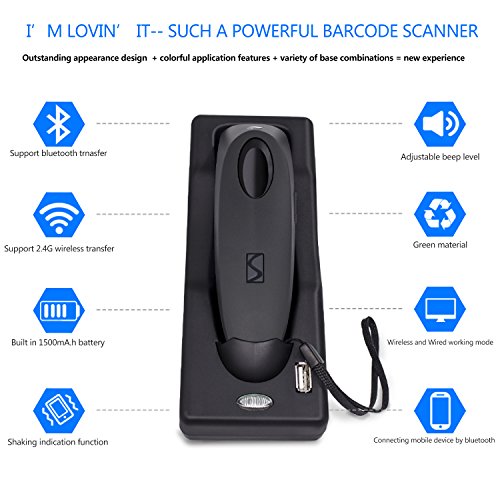 2D Bluetooth Barcode Scanner with Charging Base Dual 2.4G Wireless + Bluetooth 1D 2D Barcode Scanner QR PDF417 Data Matrix UPC Rechargeable Bar Code Scanner for Laptops/PC/Android/Apple iOS