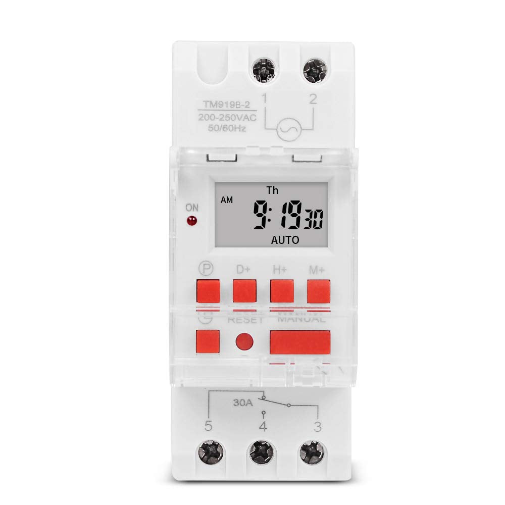 TM919B 30A 7 Days Programmable Timer Switch, Heavy-Duty Digital Weekly Timer with LCD, 16 ON/Off Settings, 35mm DIN Rail Mount, 5000W for Lighting, Water Heater, AC & Industrial Equipment (220V)
