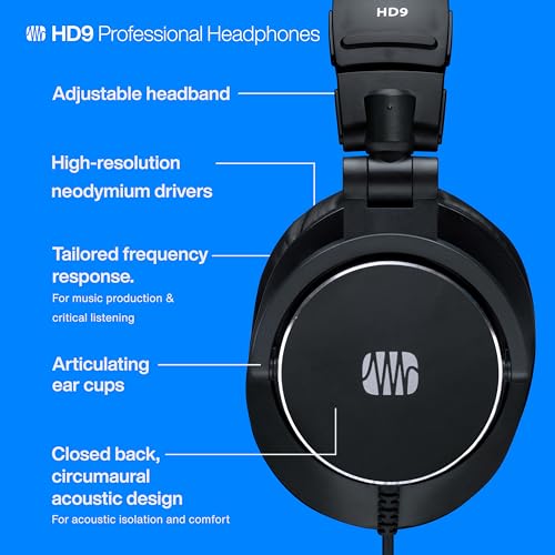 PreSonus HD9 Professional Monitoring Headphones — High-Power Handling, Closed-Back, Circumaural Acoustic Design Studio Recording Headphones for Professional Mixing and Monitoring